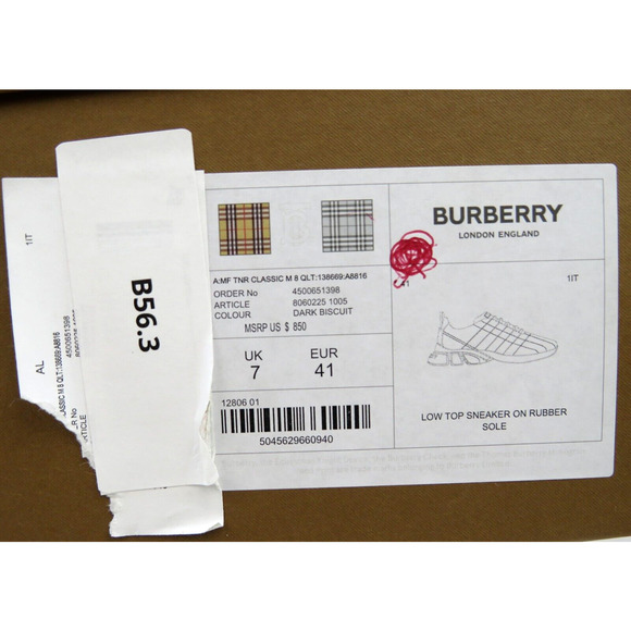 $850 BURBERRY AXBURTON BISCUIT TAN CHECK QUILTED LEATHER LOGO SNEAKERS 8 US 41 - Picture 12 of 12